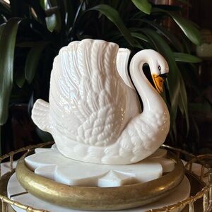 Vintage Amram’s Ceramic White, Black + Orange Swan Planter Vase - Embossed Decor